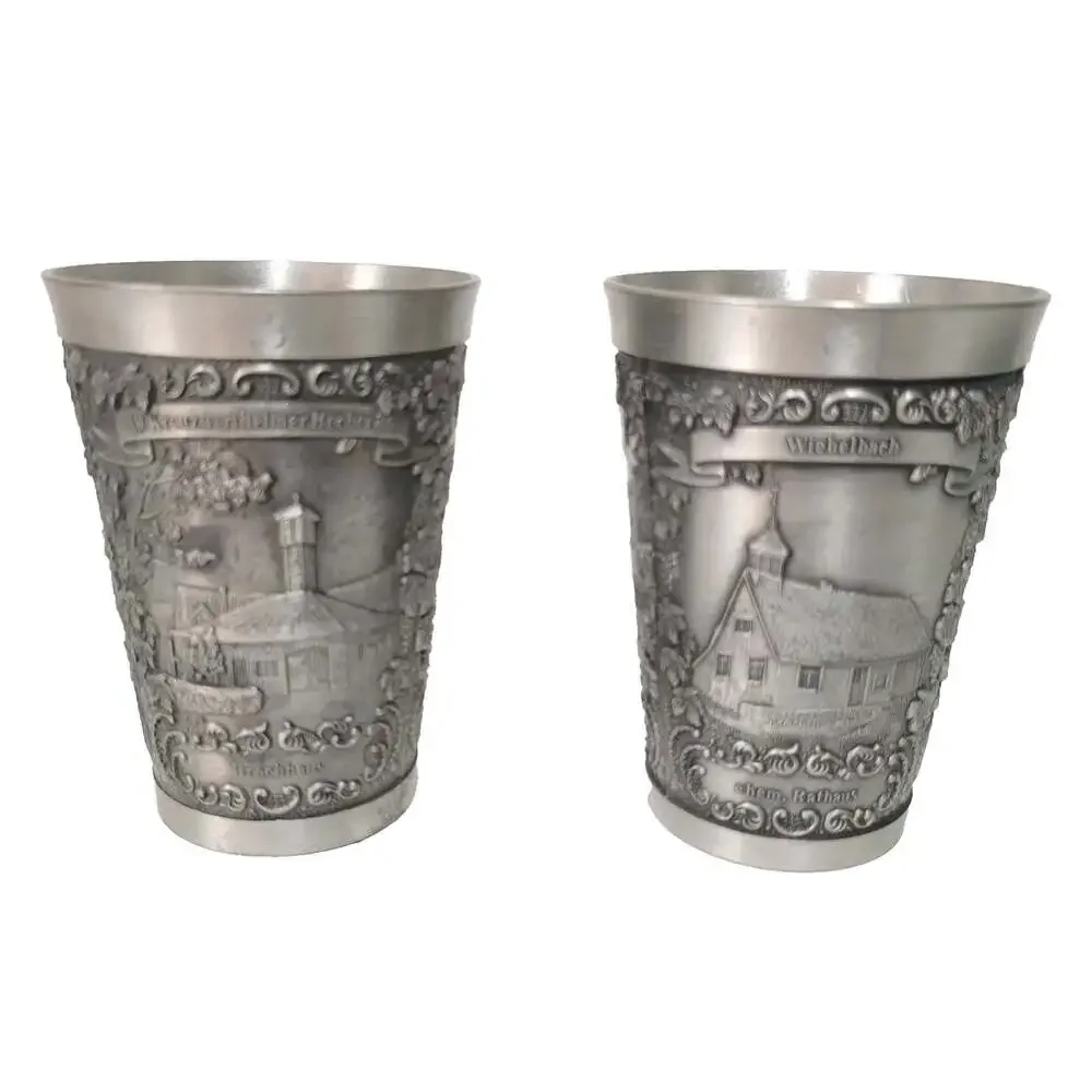 Zinn Becker Pewter Cups Set Of 2 Hand Engraved Ornate Weibelbach Rottbach + More